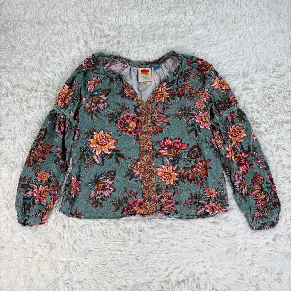 FARM Rio Anthropologie Paola Floral Peasant V Neck Blouse Top XS Boho Chic - Picture 3 of 12